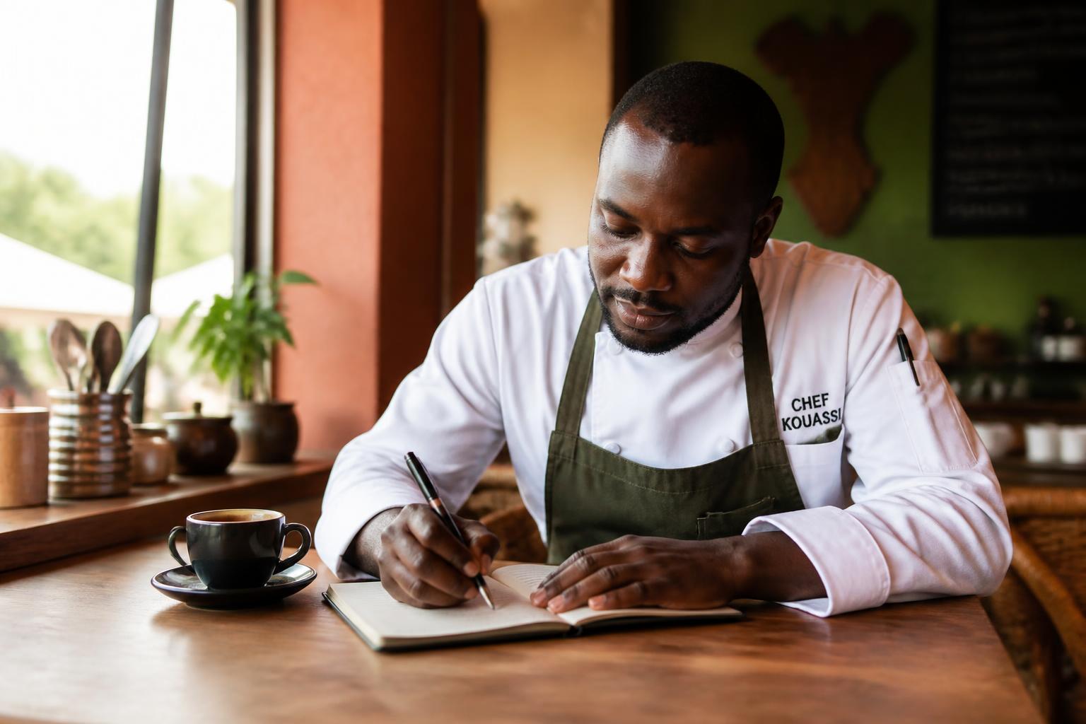 Chef africain prenant des notes dans son journal, au comptoir de son restaurant