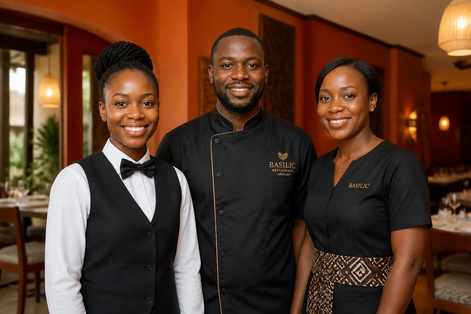 Équipe d'un restaurant à Abidjan accueillant ses clients avec le sourire