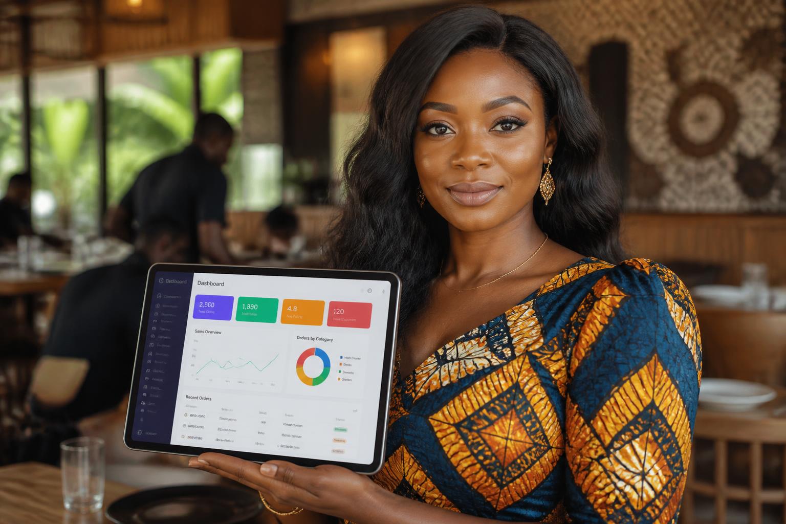 Restauratrice à Abidjan présentant le tableau de bord Servelya sur tablette