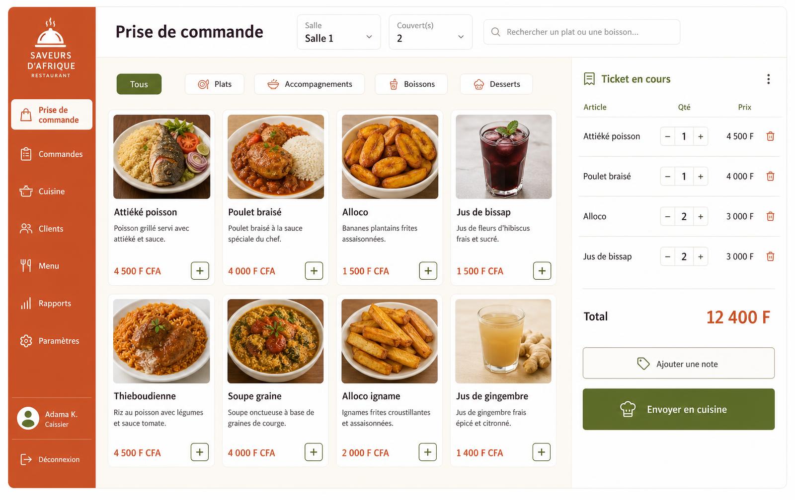 Capture d'écran de la prise de commande Servelya avec menu et ticket en cours