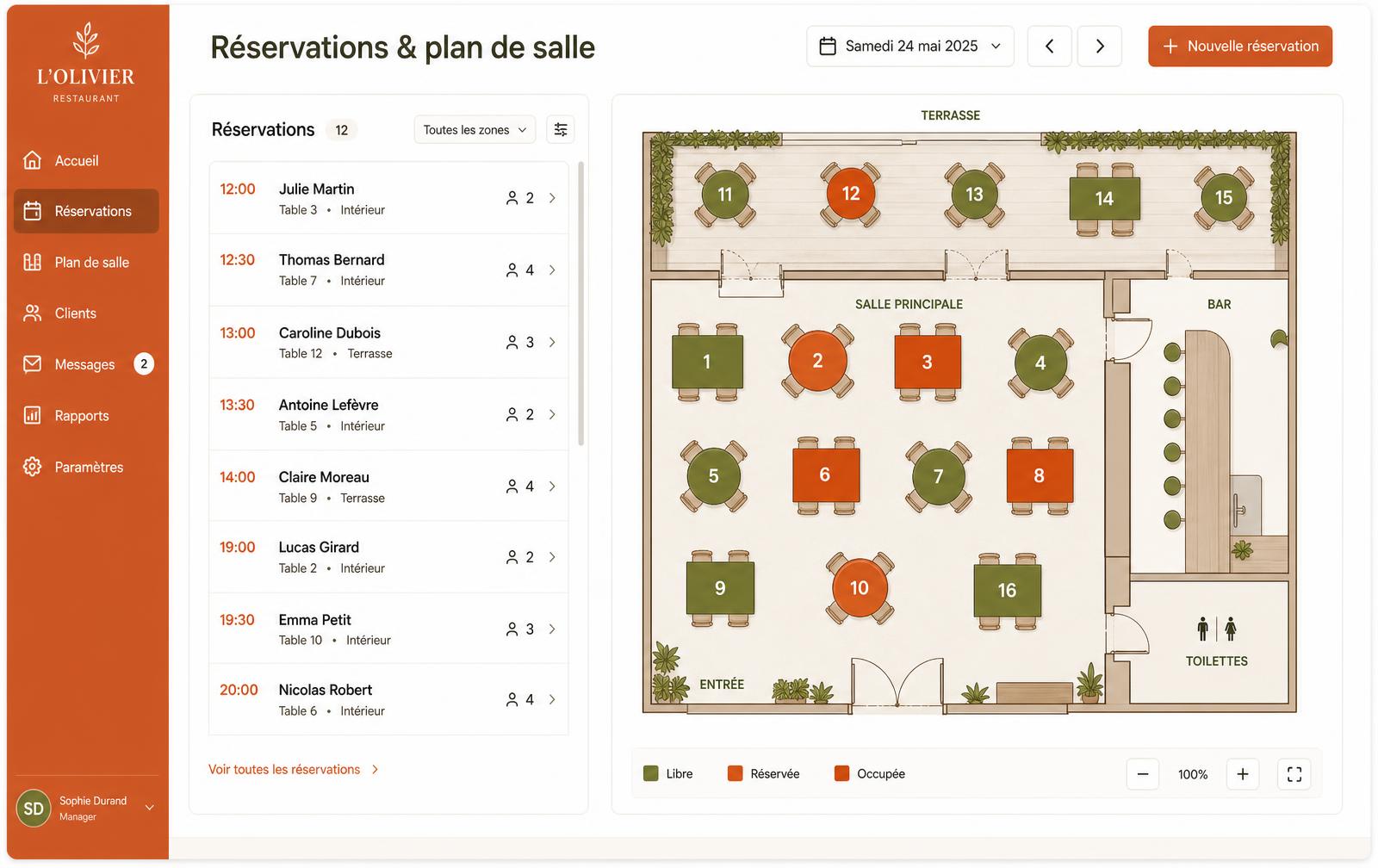 Capture d'écran des réservations et du plan de salle Servelya